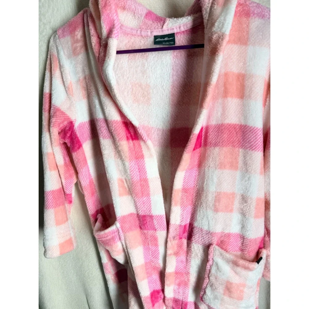 Eddie Bauer Kids Pink Plaid Plush Hooded Robe Size M 10/12 Fleece Bathrobe